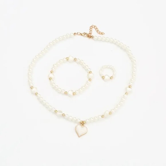 3pcs Heart Necklace Bracelet Ring Set Faux Pearl Jewelry Set - Picture 4 of 4